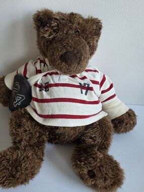 American Eagle Outfitters Brown Teddy Bear in Red & White Striped Rugby Polo